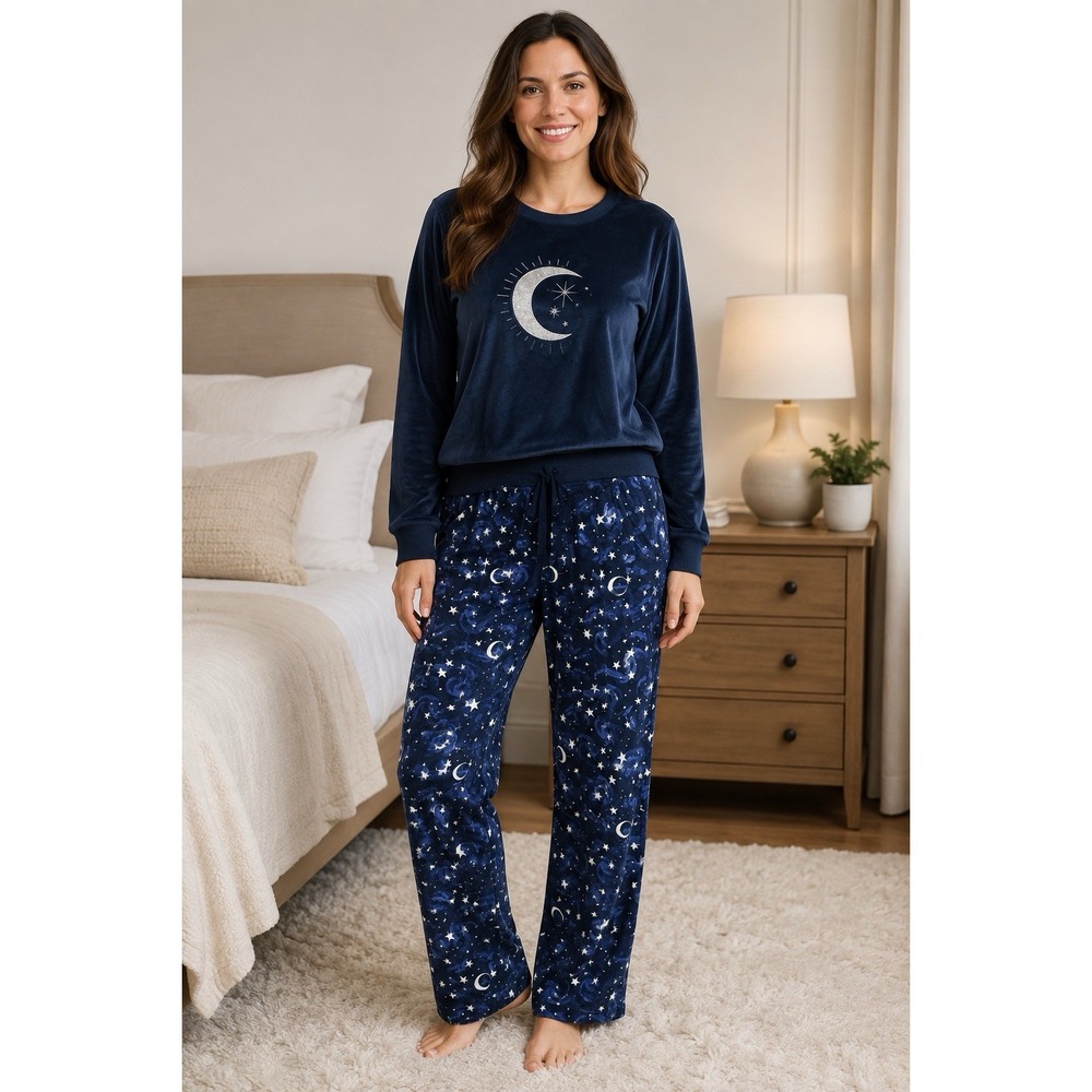 Croft & Barrow Women's M Navy Velour Moon Stars 2 Piece Pajama Set Celestial